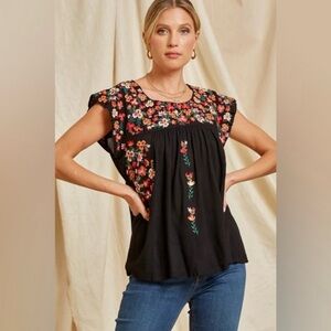 Savanna Jane Black Boho Floral Embroidered Cap Sleeve Top